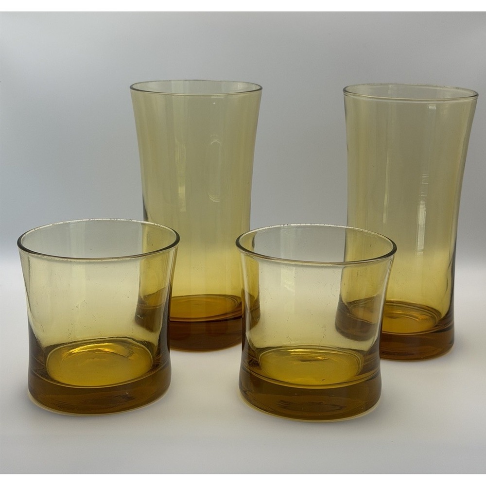 Vintage Amber Drinking Glasses Set MCM Tumblers 6.5" 3.5" Retro Heavy Barware